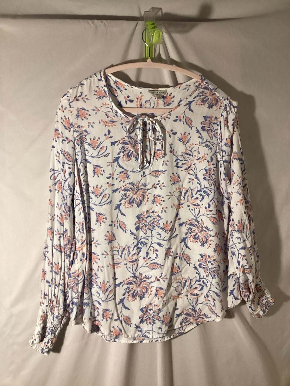 Lucky Brand Floral Print Long Sleeve Peasant Blouse with Tie Neck